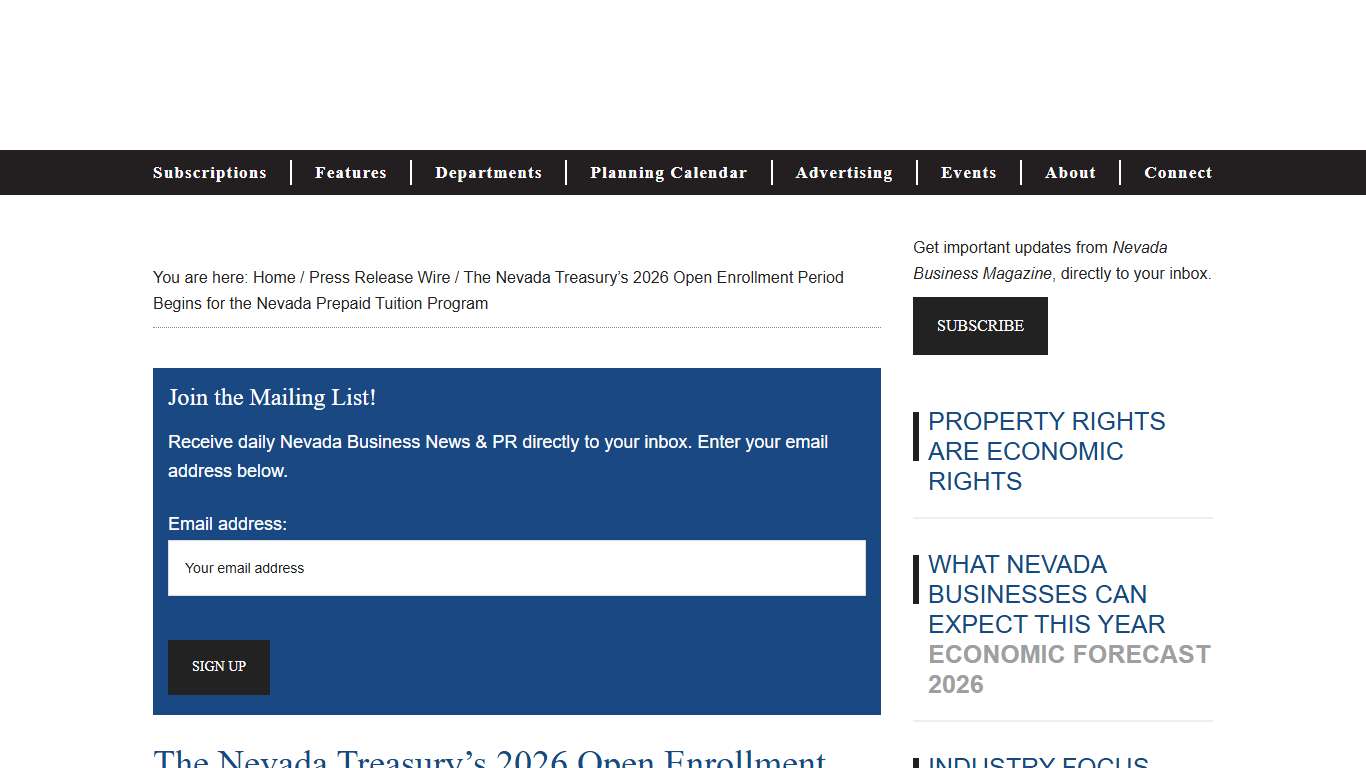 The Nevada Treasury’s 2026 Open Enrollment Period Begins for the Nevada Prepaid Tuition Program - Nevada Business Magazine